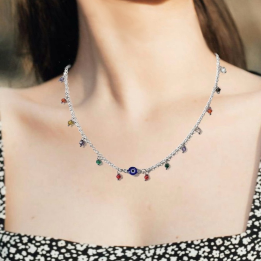 Evil Eye & Multicolor Natural Stone Beads on
925 Sterling Silver Chain Necklace